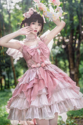 Robe Jsk Lolita Rose à Volants Multicouches Hanayome Noeud Papillon Douce Élégante Princesse Magnifique